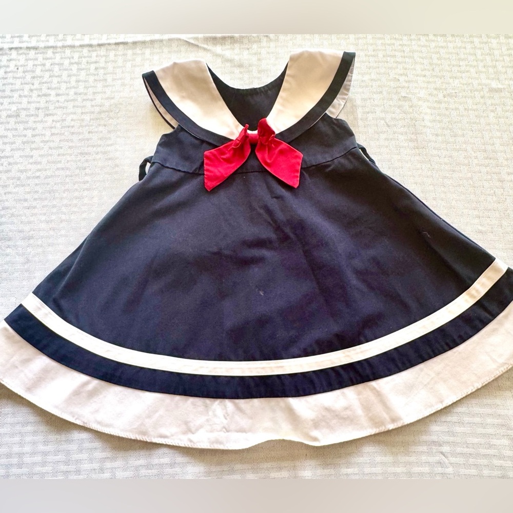 Good Lad Vintage Nautical Sailor Baby Dress Navy Blue White Red Bow 12 Months - Picture 1 of 4